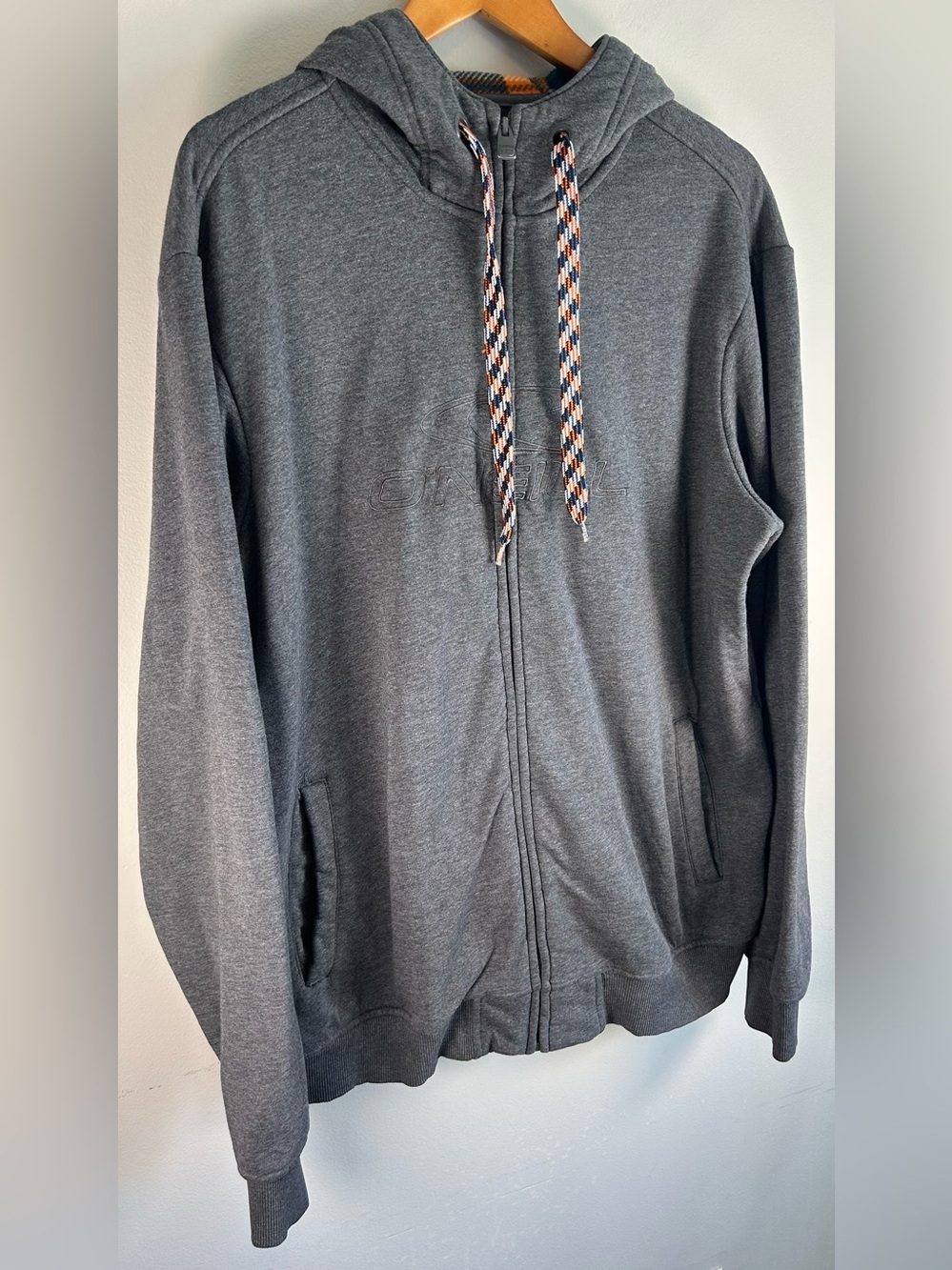 VTG O’Neill Mens Hoodie Sweater Sz XXL Gray Embroidered Braided Drawstrings Y2K - Picture 2 of 12